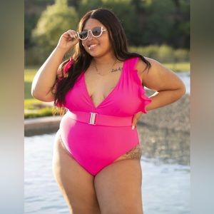 Davi & Dani Hot Pink Ruffle Sleeve Deep V-Neck One Piece Swimsuit Size 3X NWT